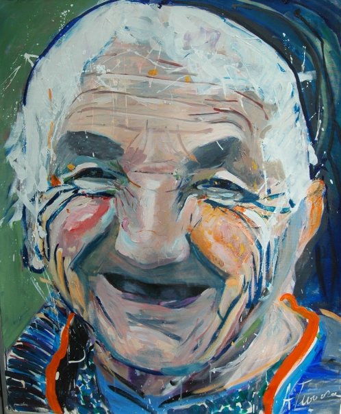 Painting of a joyful old woman from Transylvania by Adela Tavares