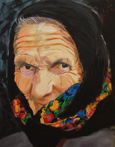 Painting of an old woman from Transylvania by Adela Tavares
